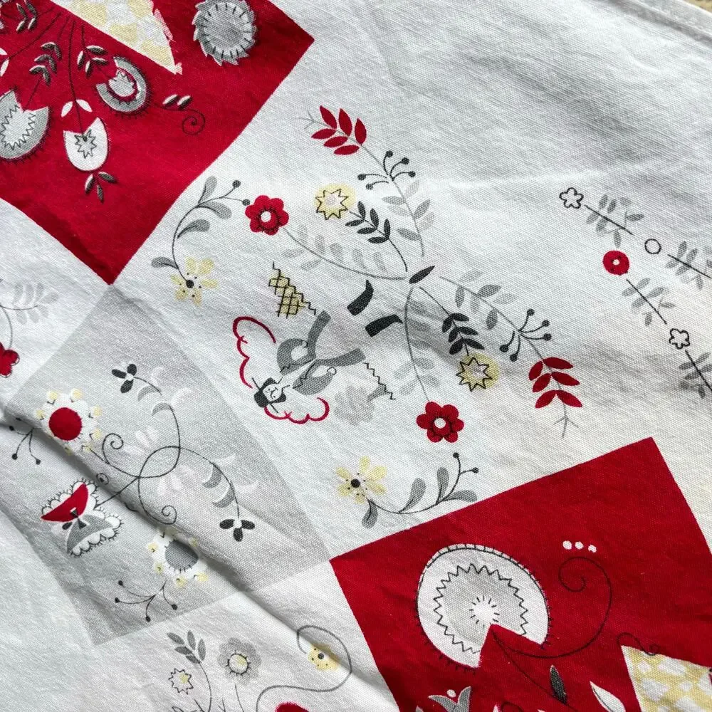 Red & white cotton tablecloth Pennsylvania Dutch motif mid century minor FLAWS